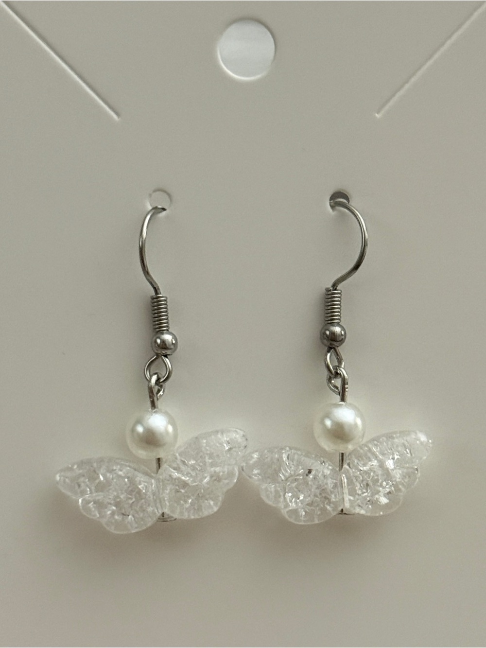Handmade Silver Pearl & Clear Butterfly Drop Earrings